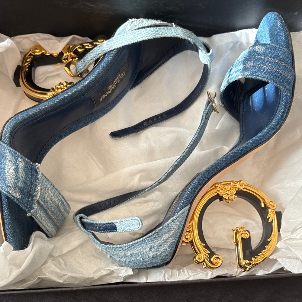 Dolce & Gabbana Blue Denim Heels with Gold Details